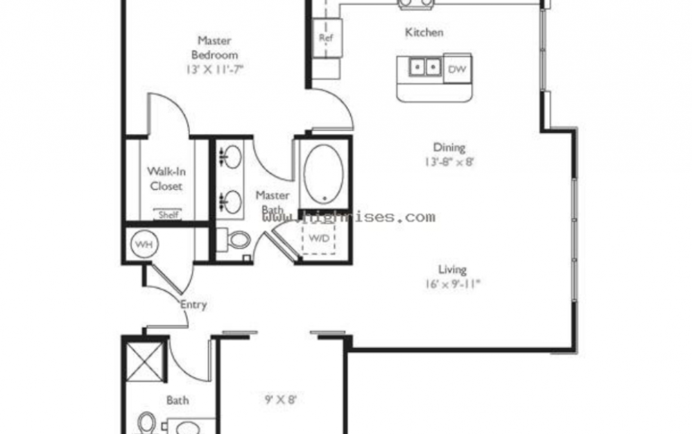 Sabine - 1 bedroom floorplan layout with 2 baths and 1007 square feet.
